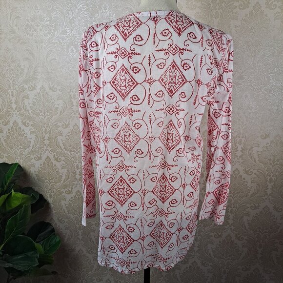 Barbara Gerwit Size XL White with Pink/Red Design Tunic Split Neck Long Sleeve - Picture 6 of 11